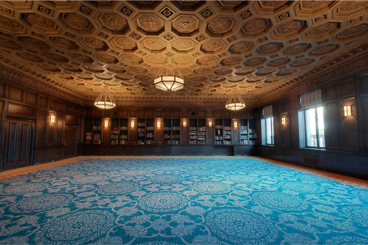 A sophisticated, inviting library space featuring an ornate ceiling, expansive bookshelves, plush carpeting, and abundant natural light streaming in through large windows. The comfortable ambiance of the room suggests a welcoming, home-like atmosphere ideal for relaxation and quiet moments.