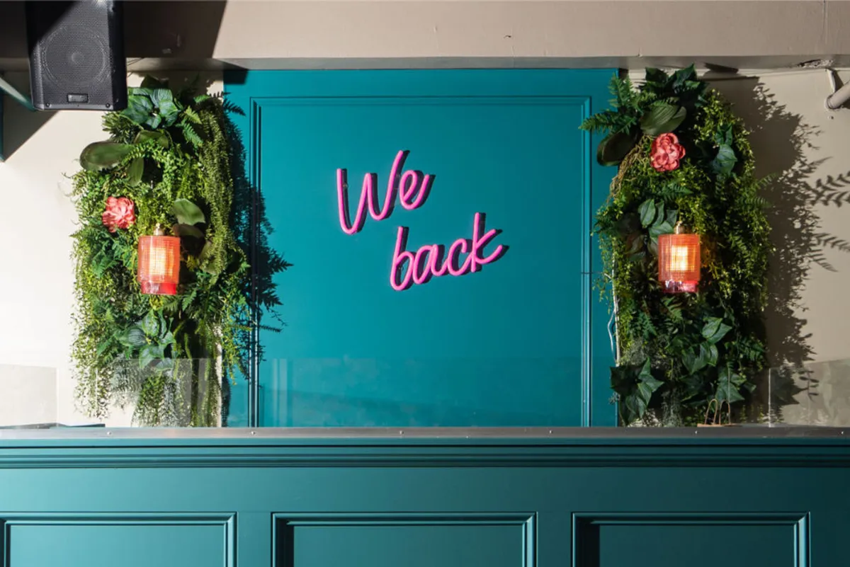 A cheerful gathering area with a neon sign, vibrant greenery, and decorative lighting. The mood is upbeat and welcoming, with guests laughing and toasting, showcasing the property's social atmosphere and flexibility.